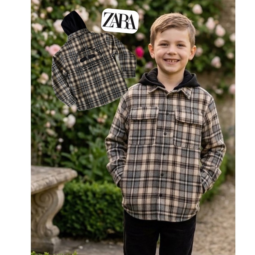 Zara Kids Boys Plaid Flannel Hooded Shacket California Skateboard Graphic Sz 10